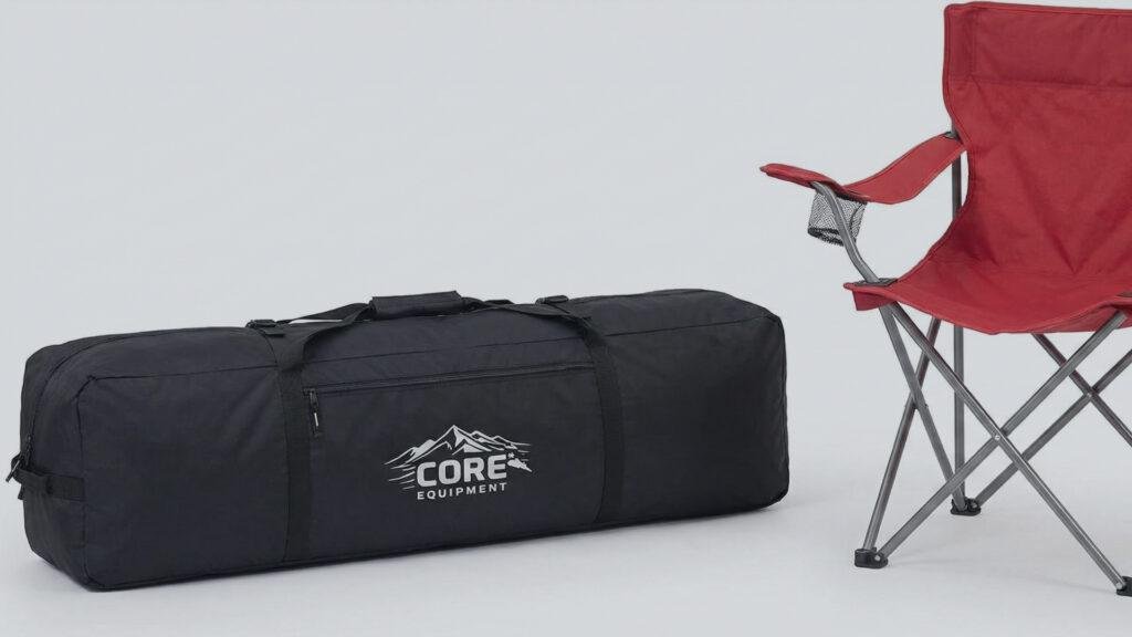 Core 9 Person Instant Cabin Tent carry bag compared to a folded camping chair for size reference.