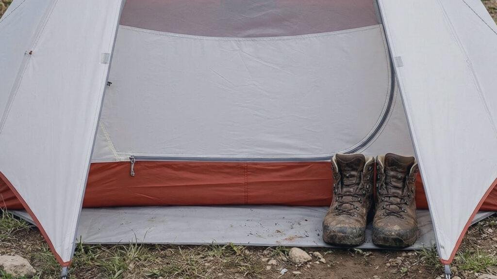Front vestibule of Naturehike Cloud Up 1 with hiking boots.