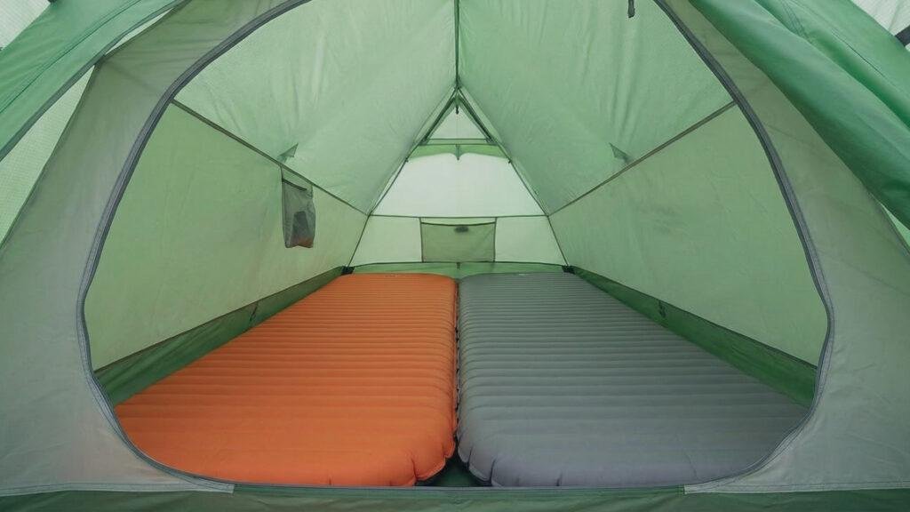 Interior view of Naturehike Cloud Up 2 showing tapered footbox and sleeping pads.