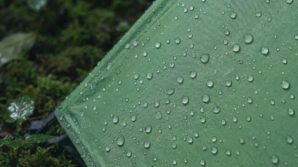 Water beading on the 20D silnylon rainfly of the Naturehike tent.