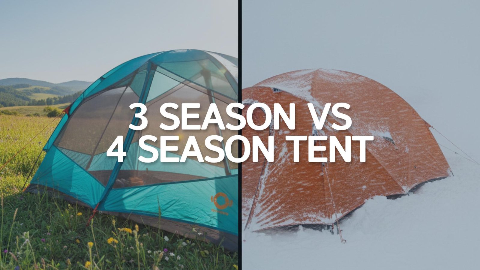 Split screen showing 3 season vs 4 season tent comparison, a summer camping tent in a meadow versus a winter mountaineering tent in the snow.