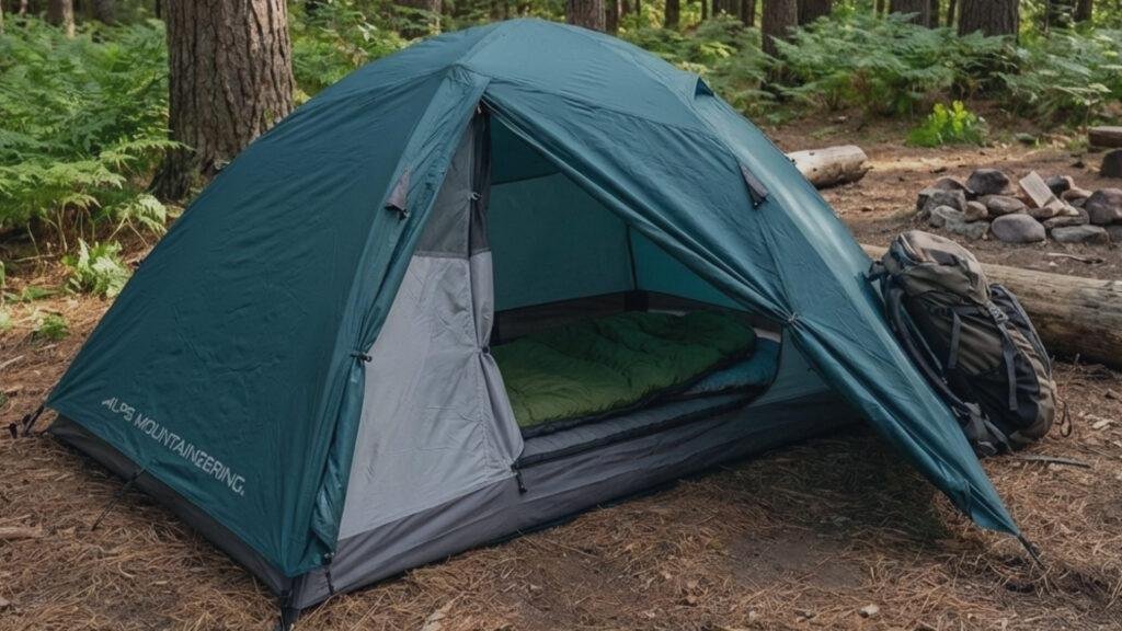 Interior view of ALPS Mountaineering Lynx 1 tent with sleeping gear.