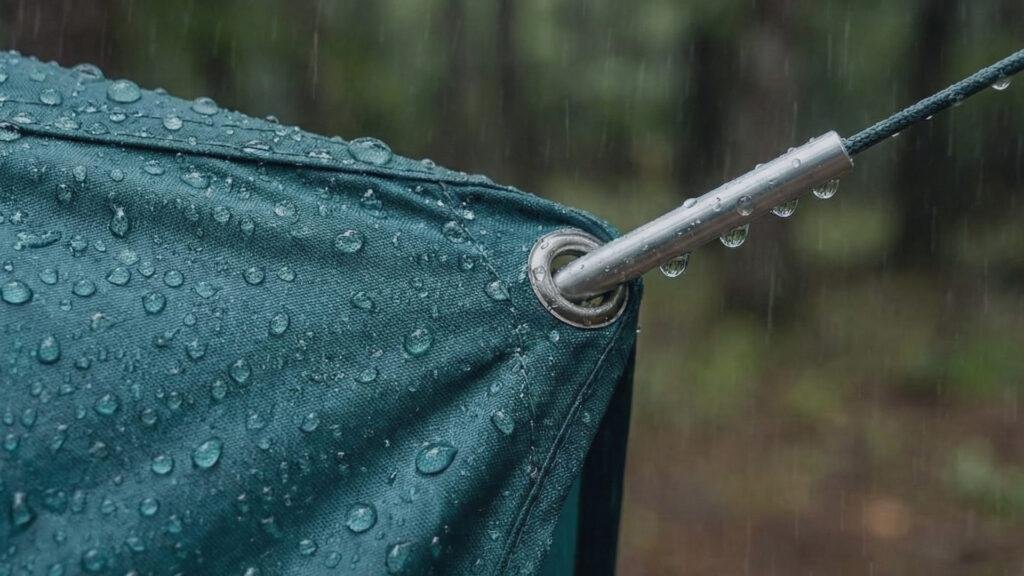 Rainwater beading on the polyester fly of the ALPS Lynx 1.