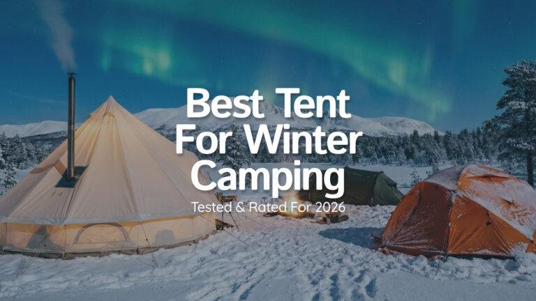 A winter campsite featuring a hot tent, a mountaineering tent, and a tactical tent in the snow.
