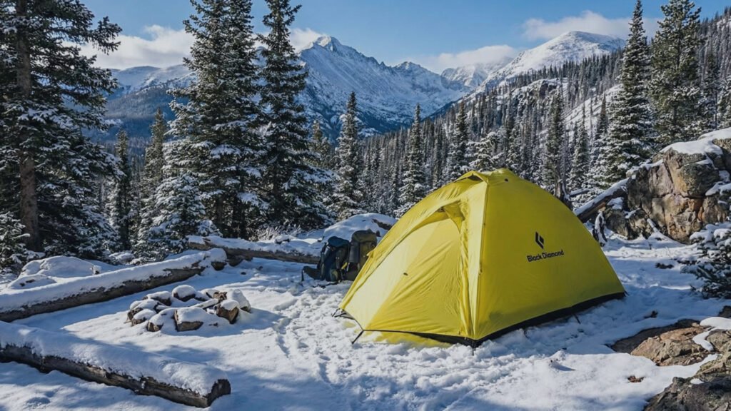 Black Diamond Eldorado tent pitched in a snowy forest
