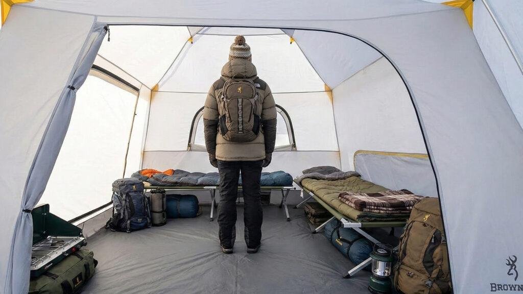 Interior view of the Browning Glacier tent showing 6 feet of standing room.