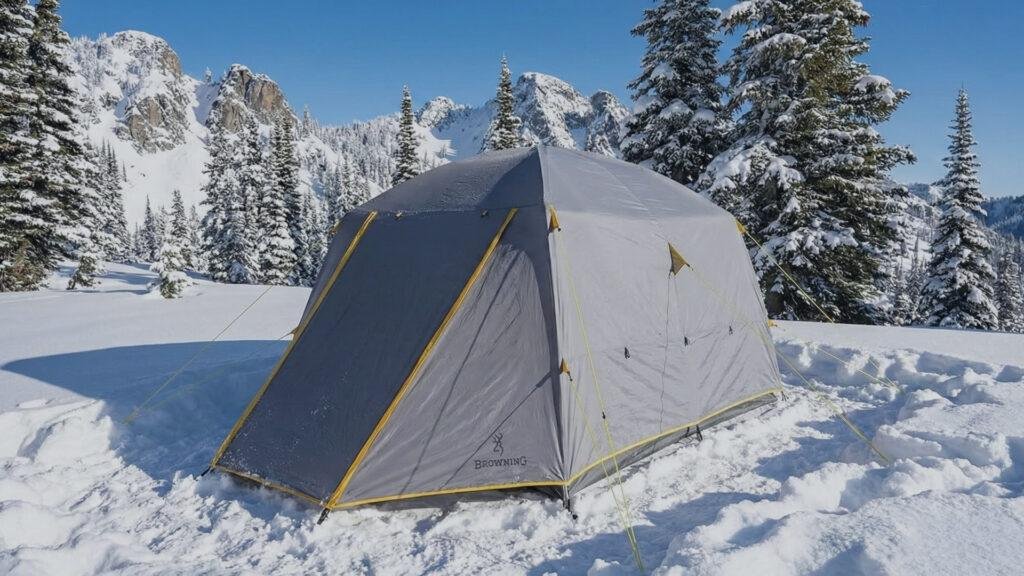 Browning Glacier tent pitched on a snowy mountain