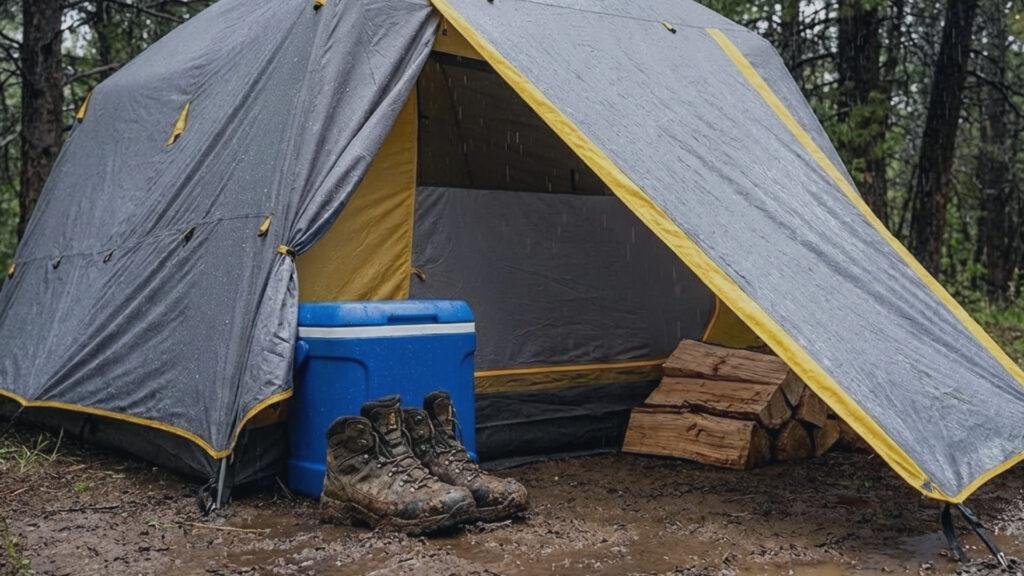 Vestibule of the Browning Glacier tent filled with camping gear.
