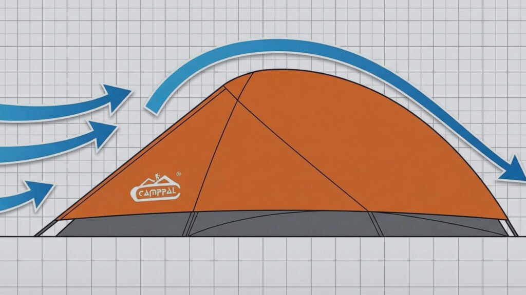 Illustration of the Camppal tent's aerodynamic shape shedding wind.