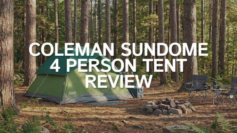 Green Coleman Sundome 4 tent set up in a sunny forest campsite.
