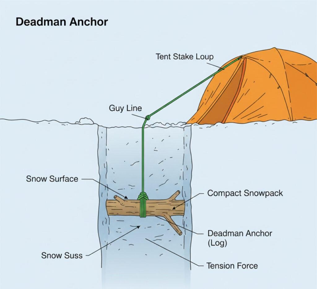Technical diagram showing how to bury a deadman anchor in snow to secure a tent.