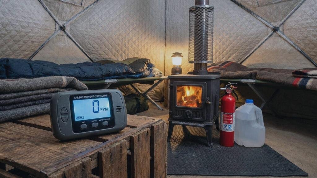 A carbon monoxide detector and wood stove setup inside the best tent for winter camping.