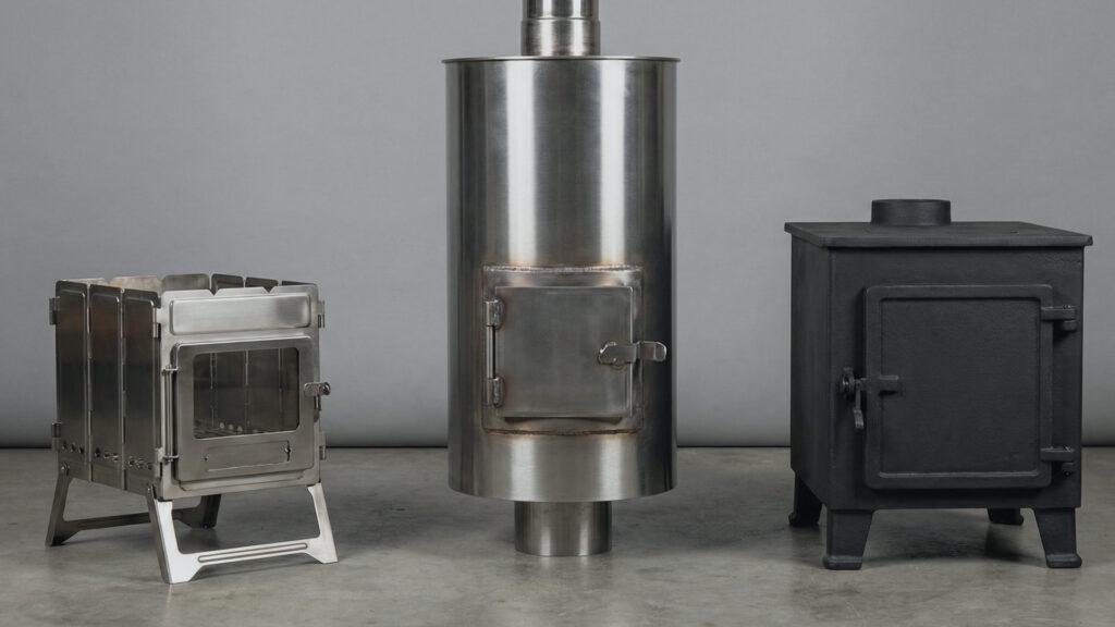 Comparison of titanium folding, steel cylinder, and iron box wood stoves for camping.