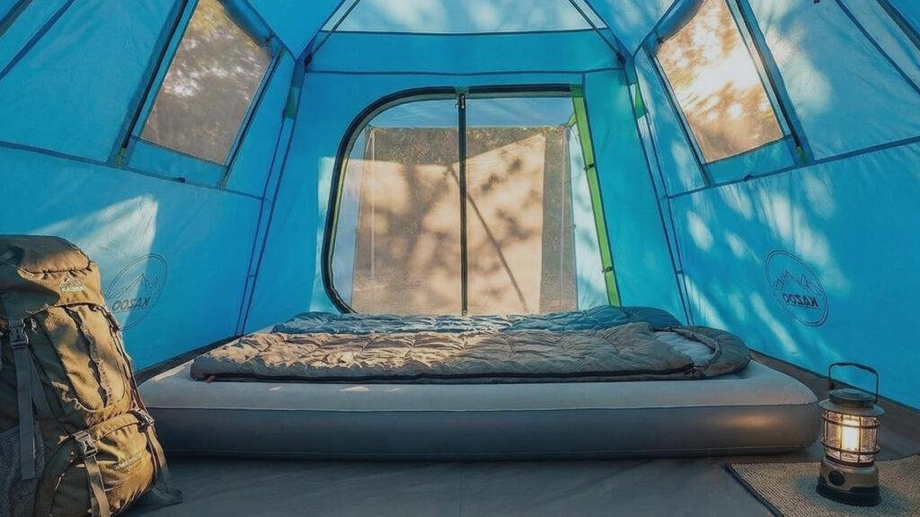 Interior view of the Kazoo tent showing space for a queen mattress.