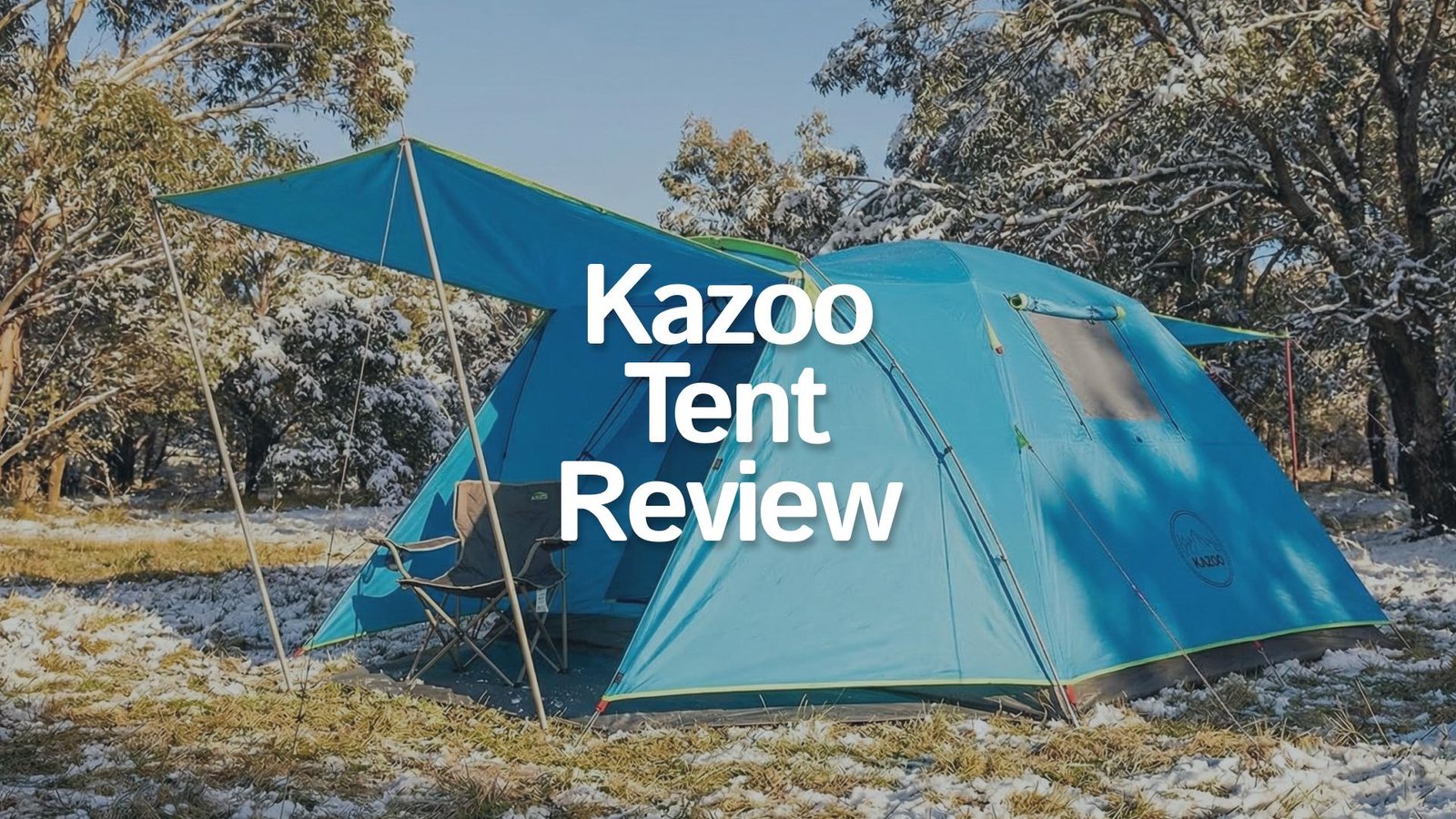 Kazoo 4 person instant tent pitched with awning in a winter campsite.