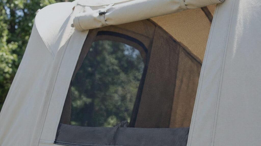 Close up of the mesh windows on the Kodiak Canvas Truck Tent.