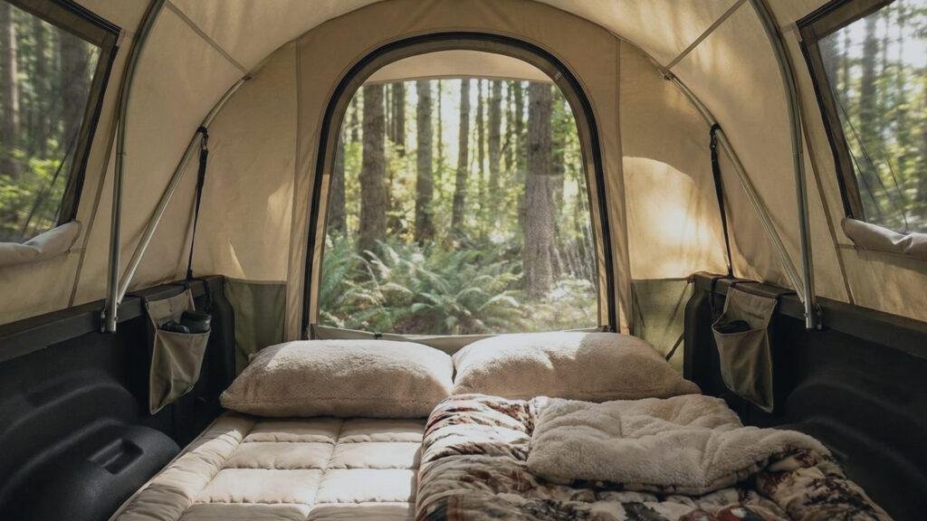 Interior view of the Kodiak Canvas Truck Tent showing headroom and sleeping space.