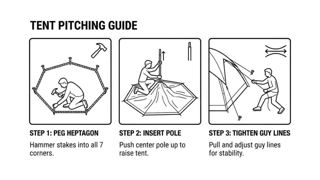 Illustration showing the simple center-pole setup of the OneTigris Rock Fortress.