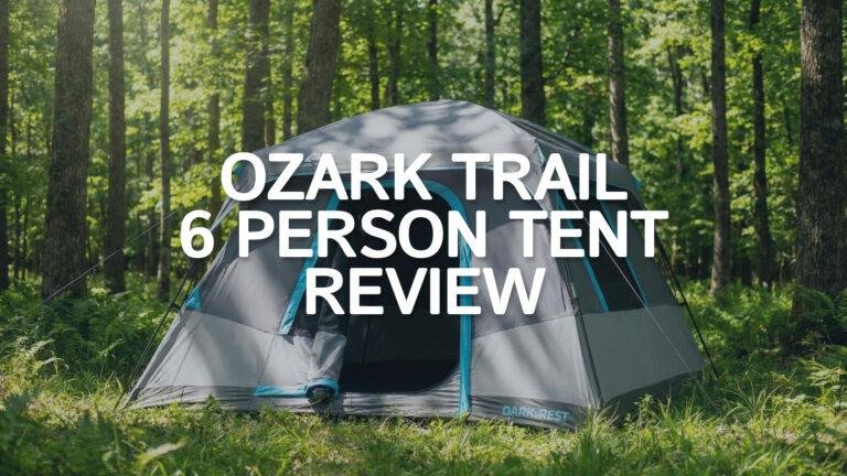 Ozark Trail 6 Person Dark Rest Tent pitched in a sunny forest with dark interior visible.