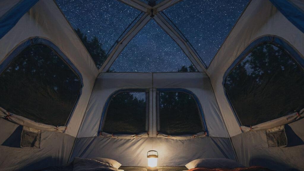 View of stars through the mesh ceiling of the Ozark Trail tent.