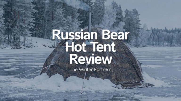 Russian Bear Hot Tent pitched on a frozen lake with a wood stove burning inside.