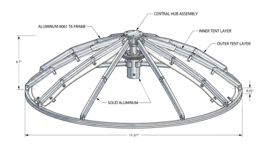 Illustration of the heavy-duty aluminum pop-up frame mechanism.