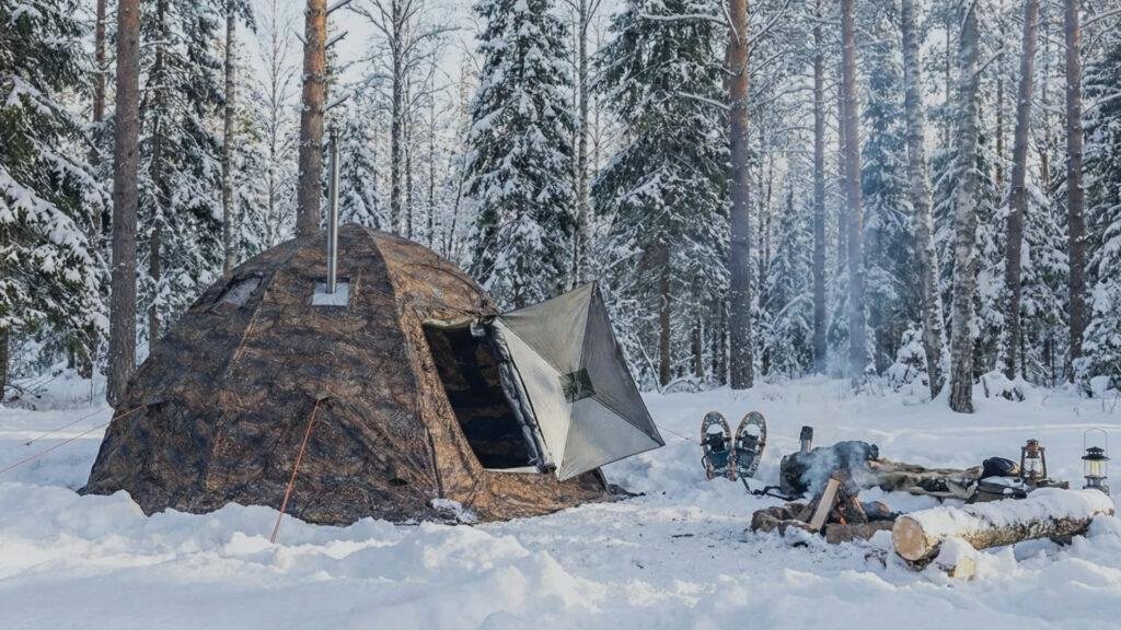 Russian Bear Hot Tent in a snowy forest campsite