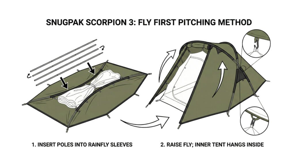 Illustration of the Snugpak Scorpion 3 fly-first pitching mechanism.