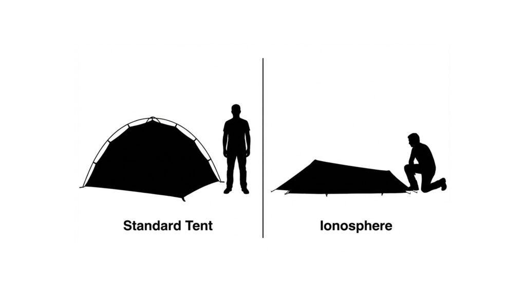 Silhouette comparison showing the low profile of the Snugpak Ionosphere vs a standard tent.