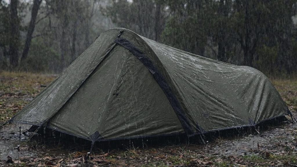 Rain beading on the 5000mm waterproof flysheet of the Snugpak Ionosphere.
