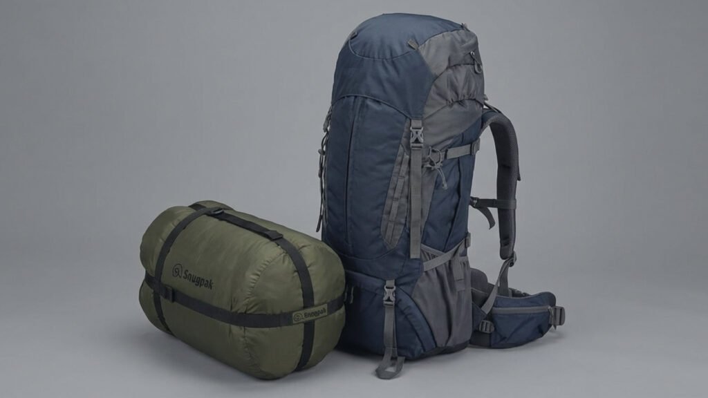 Packed Snugpak Scorpion 3 tent in compression sack next to a backpack.