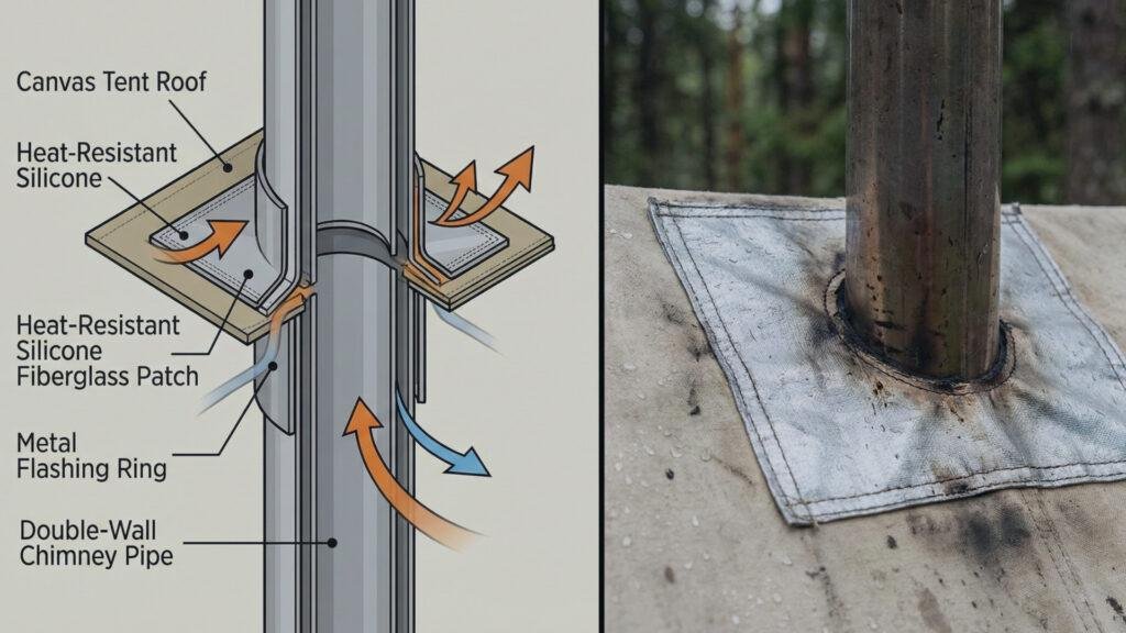 What is a hot tent? Close up view of a stove pipe passing through a heat-resistant stove jack on a tent roof.