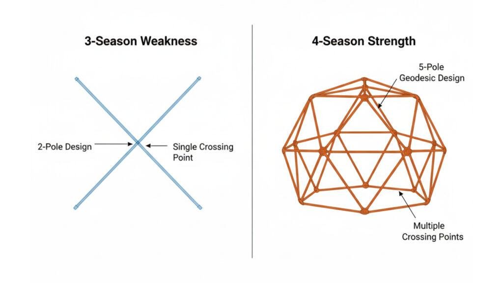 Illustration comparing weak 2-pole tent structures against strong geodesic pole structures.