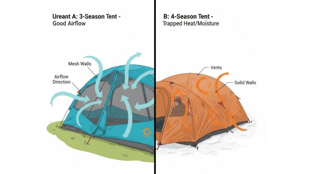 Diagram illustrating the airflow differences between mesh 3-season tents and solid 4-season tents.