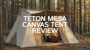 Teton Mesa Canvas Tent pitched in a forest setting with warm lighting.