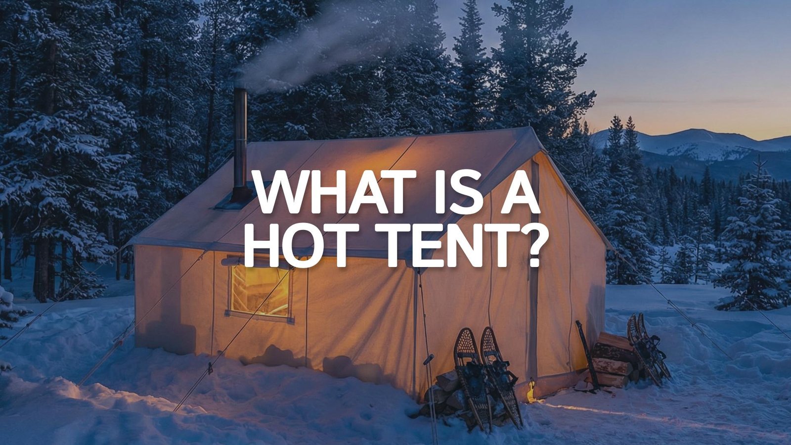 A canvas hot tent with a wood stove chimney pitched in the snow at night.