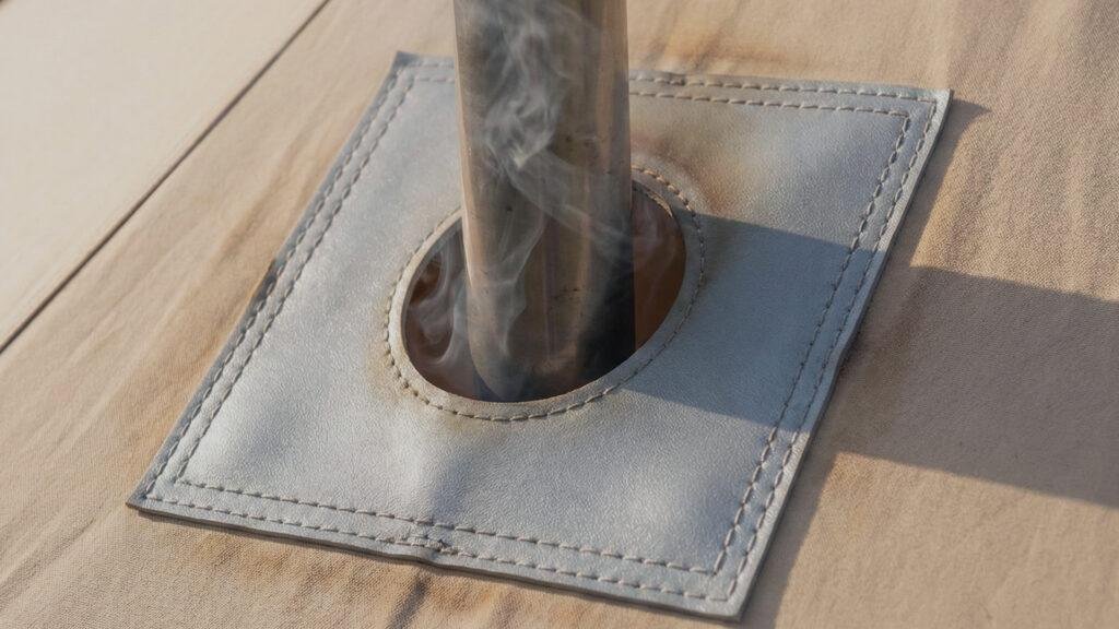 Close up of the pre-installed stove jack on the White Duck Regatta tent.