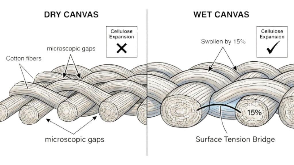 Technical illustration of cotton fibers expanding when wet to create a waterproof seal in a canvas tent.