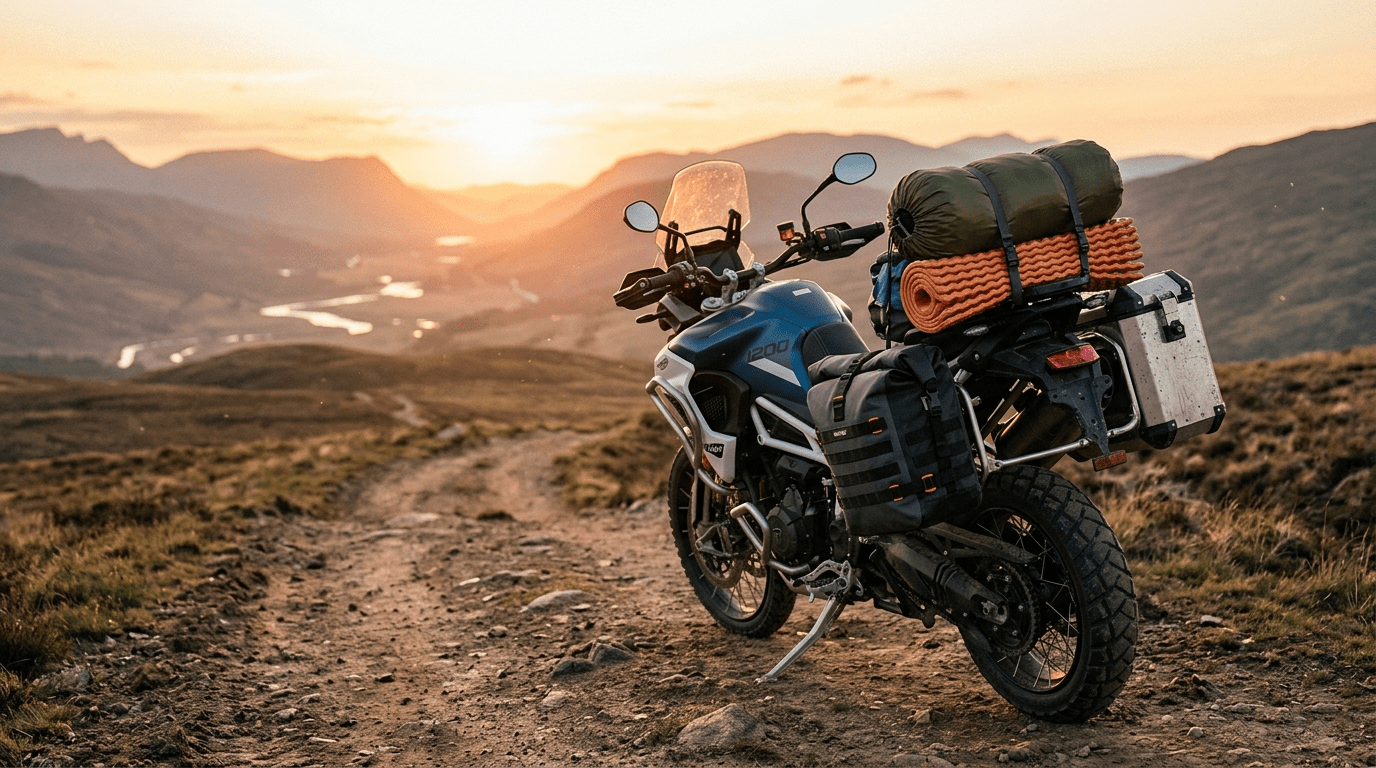 A loaded adventure motorcycle showing a comparison between hard aluminum panniers and soft luggage for camping.