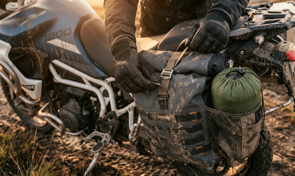 A rider securing a compact tent into a soft motorcycle luggage system for an off-road camping trip.