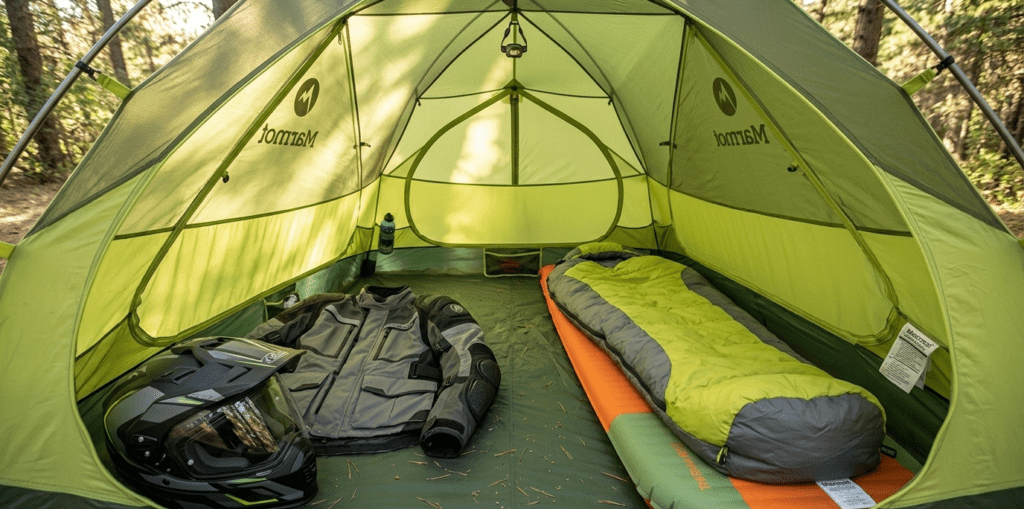Interior of Marmot Crane Creek 2P tent showing a motorcycle helmet, riding jacket, and sleeping pad layout.
