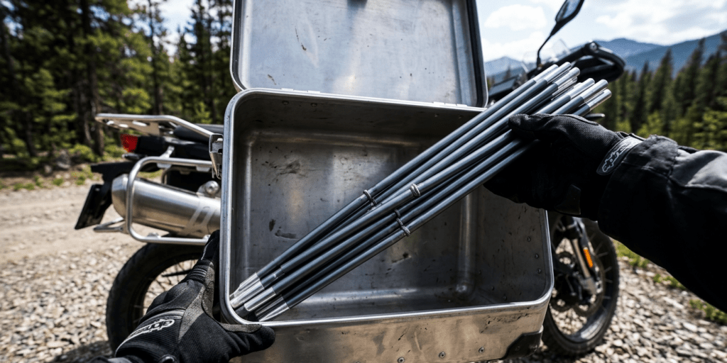 First-person view of a rider fitting 19-inch Marmot Crane Creek 2P tent poles into a motorcycle pannier.