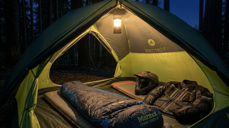 Marmot Crane Creek 2P tent pitched in a forest clearing next to an adventure motorcycle at sunrise.