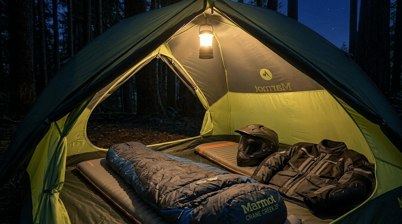 Marmot Crane Creek 2P tent pitched in a forest clearing next to an adventure motorcycle at sunrise.