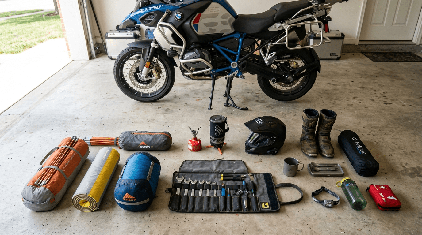 The image is motorcycle camping checklist items spread across the floor in the bike garage