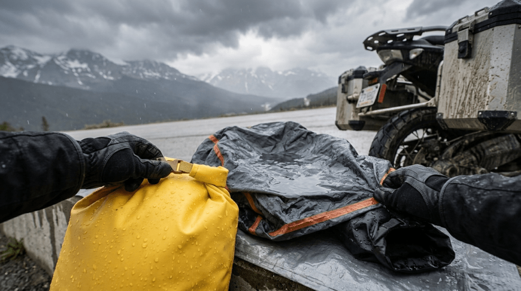 A motorcycle rider using individual dry bags to separate a wet tent from dry camping gear for better organization and moisture control.