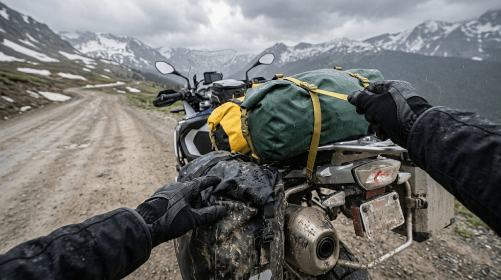 A rider performing a final safety walk-around and gear tension check on a loaded motorcycle before a camping trip.