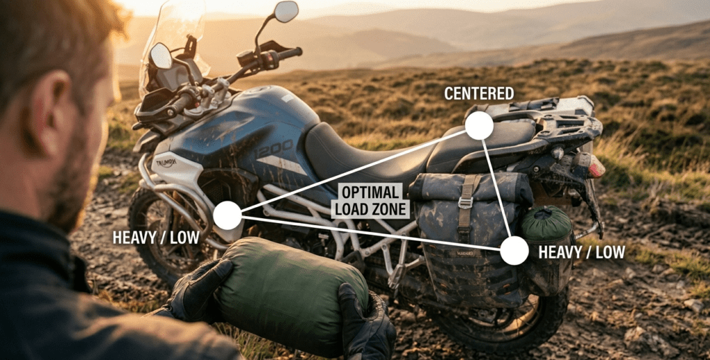 A diagram of the golden triangle packing method for motorcycle camping gear balance.