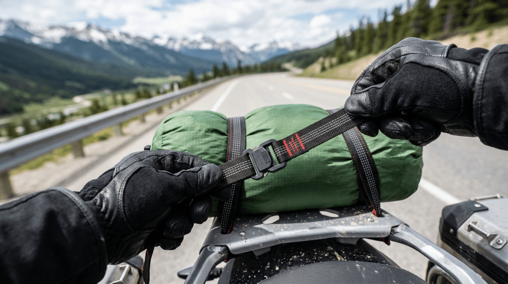 A motorcycle rider using Rok Straps to safely secure a tent to the rear luggage rack for a camping trip.