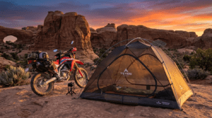 TETON Sports Mountain Ultra 2 tent pitched on a red-rock plateau in Moab, Utah, at sunset